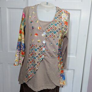 Parsley & Sage Tunic Top Stretch Art-to-Wear Size L Colorblock Lagenlook